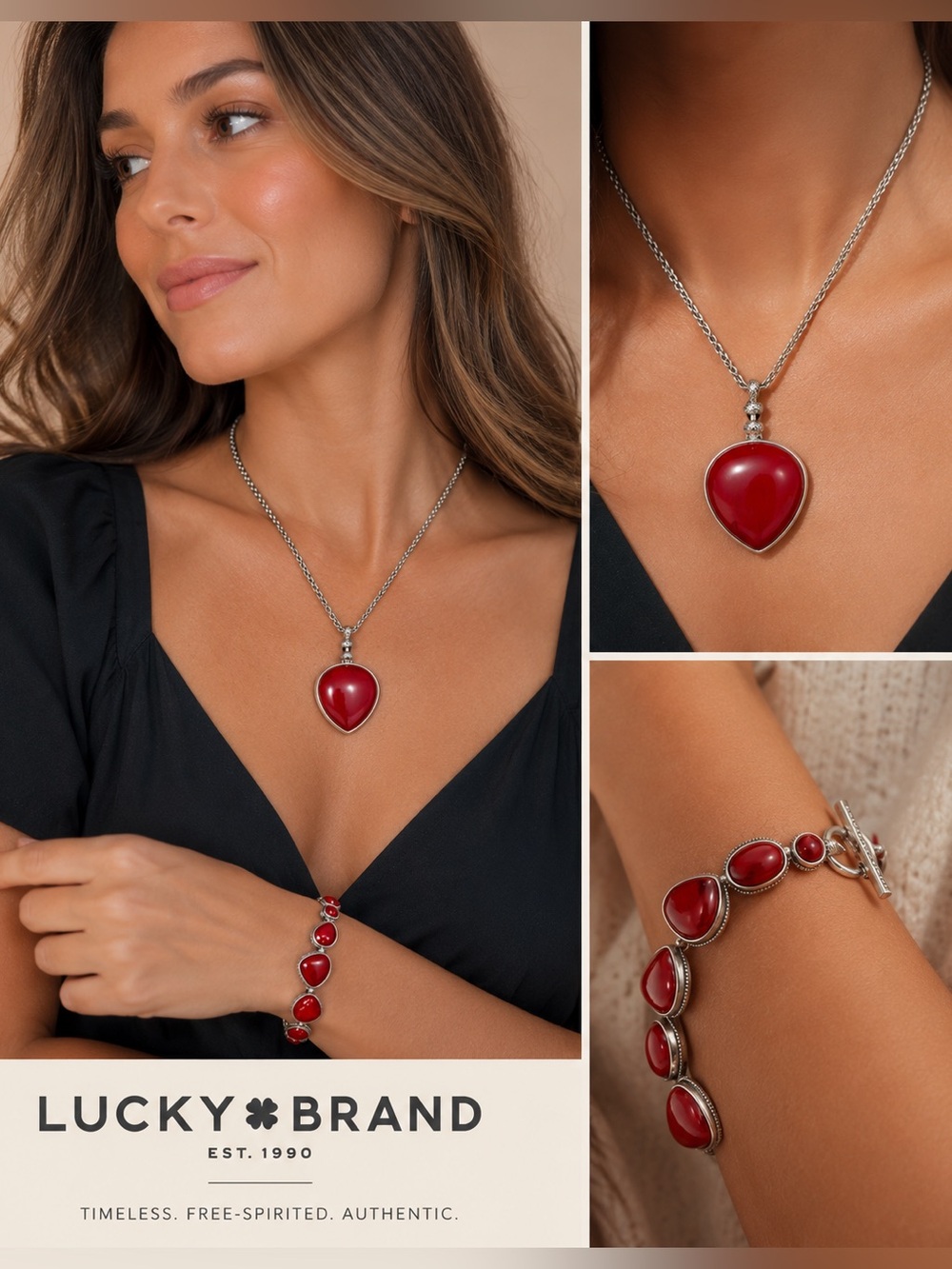 Lucky Brand Silver-Tone Red Heart Pendant Necklace & Bracelet Set